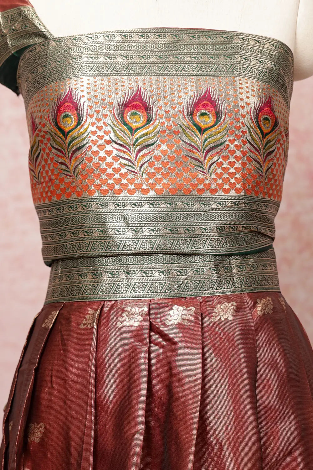 Brown With Green Semi Tissue Dhavani Set