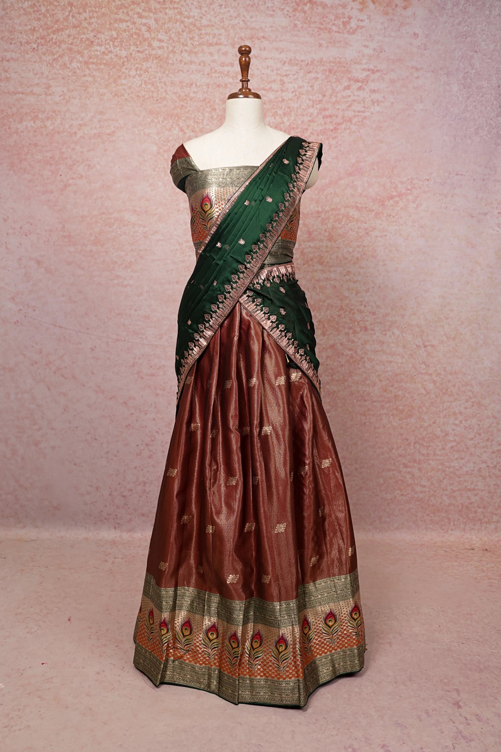 Brown With Green Semi Tissue Dhavani Set