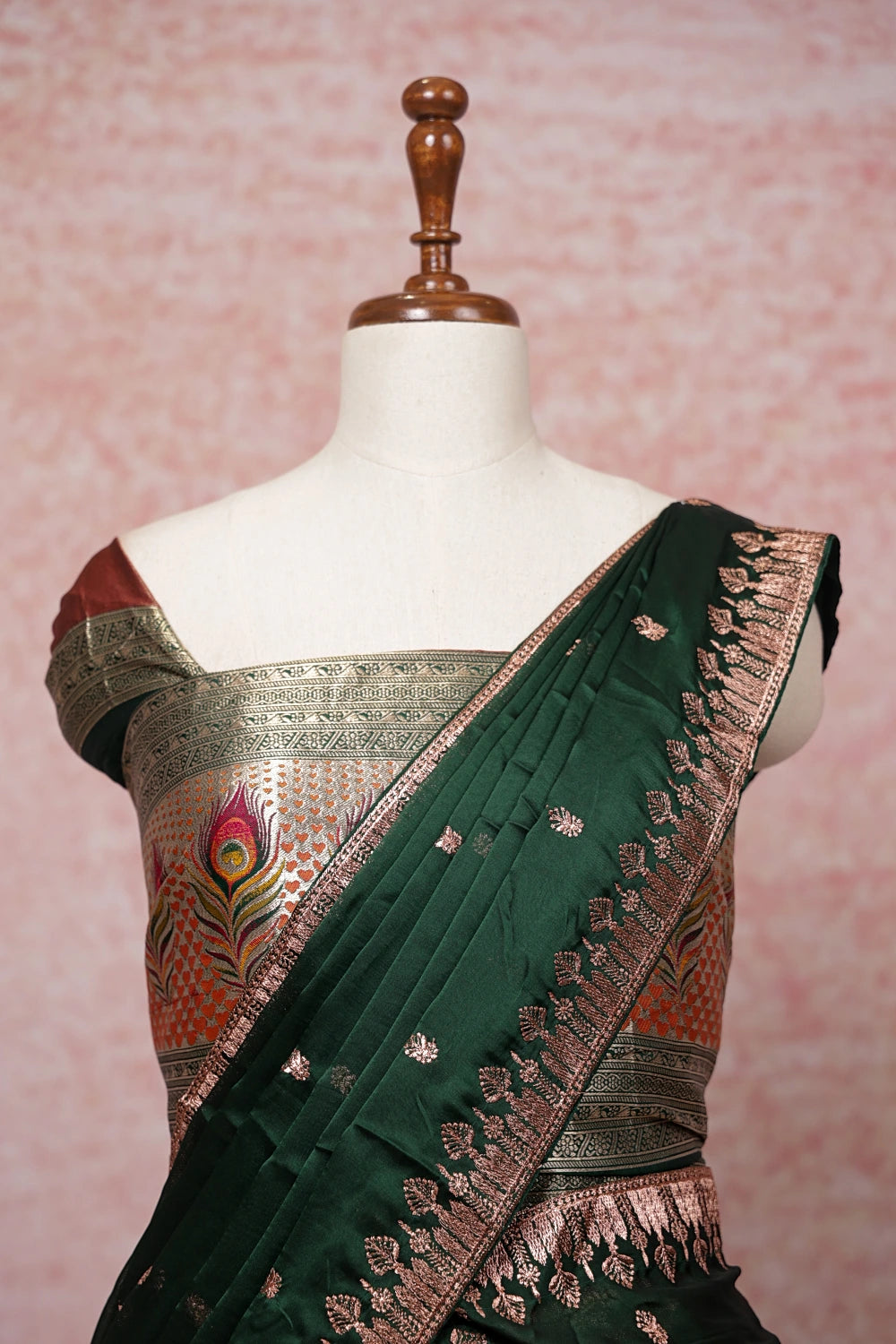 Brown With Green Semi Tissue Dhavani Set