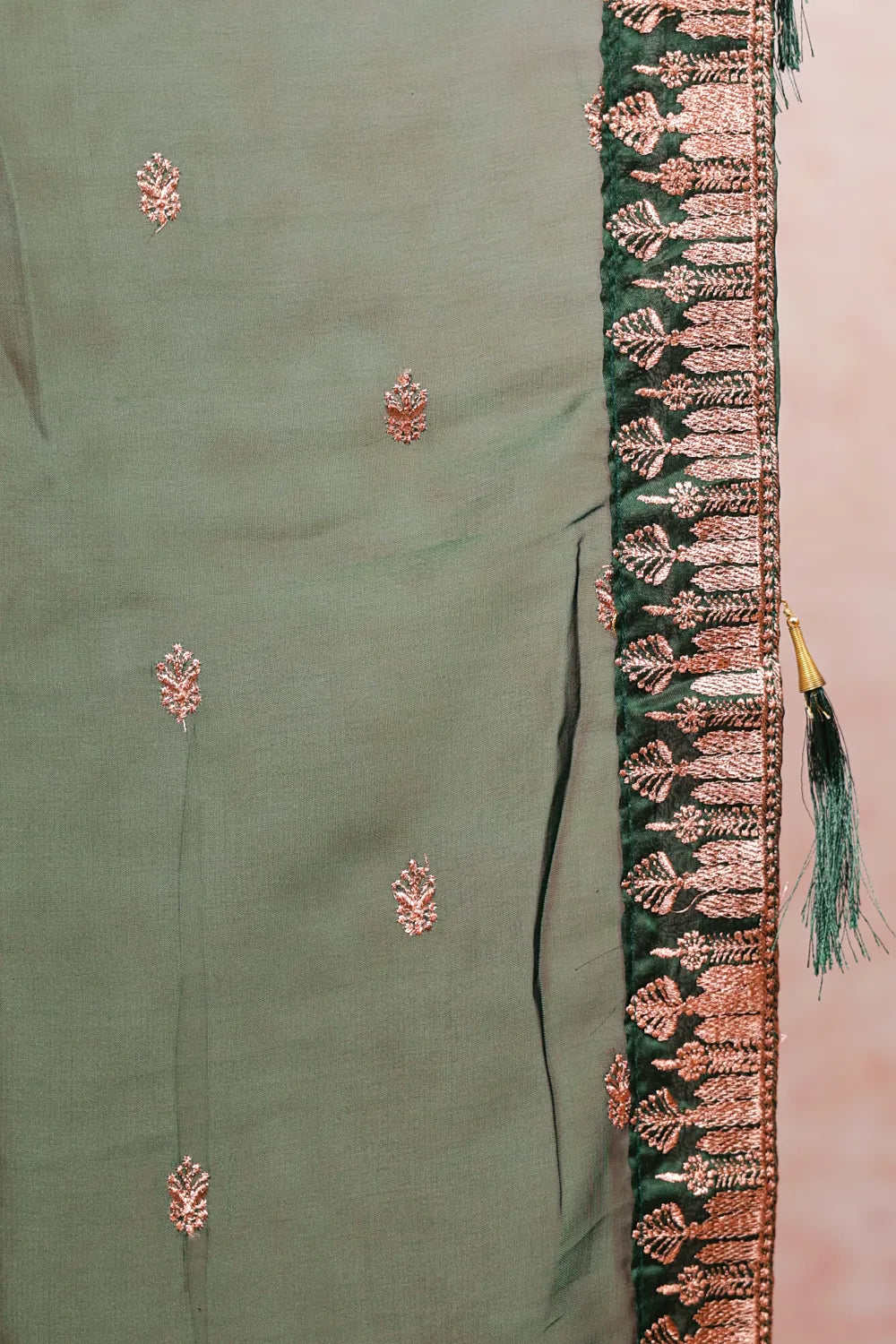 Brown With Green Semi Tissue Dhavani Set