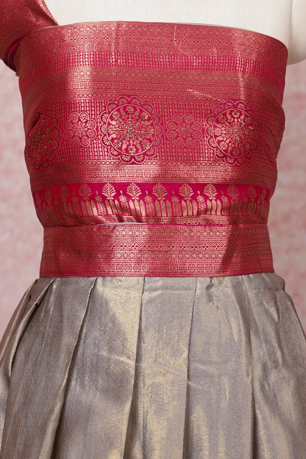 Grey With Magenta Pink Semi Chanderi Dhavani Set