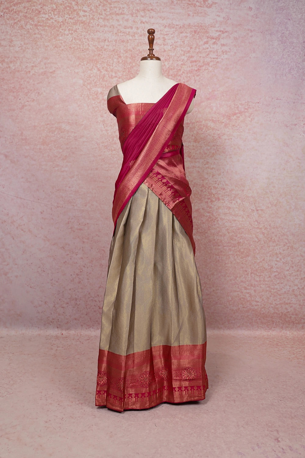 Grey With Magenta Pink Semi Chanderi Dhavani Set
