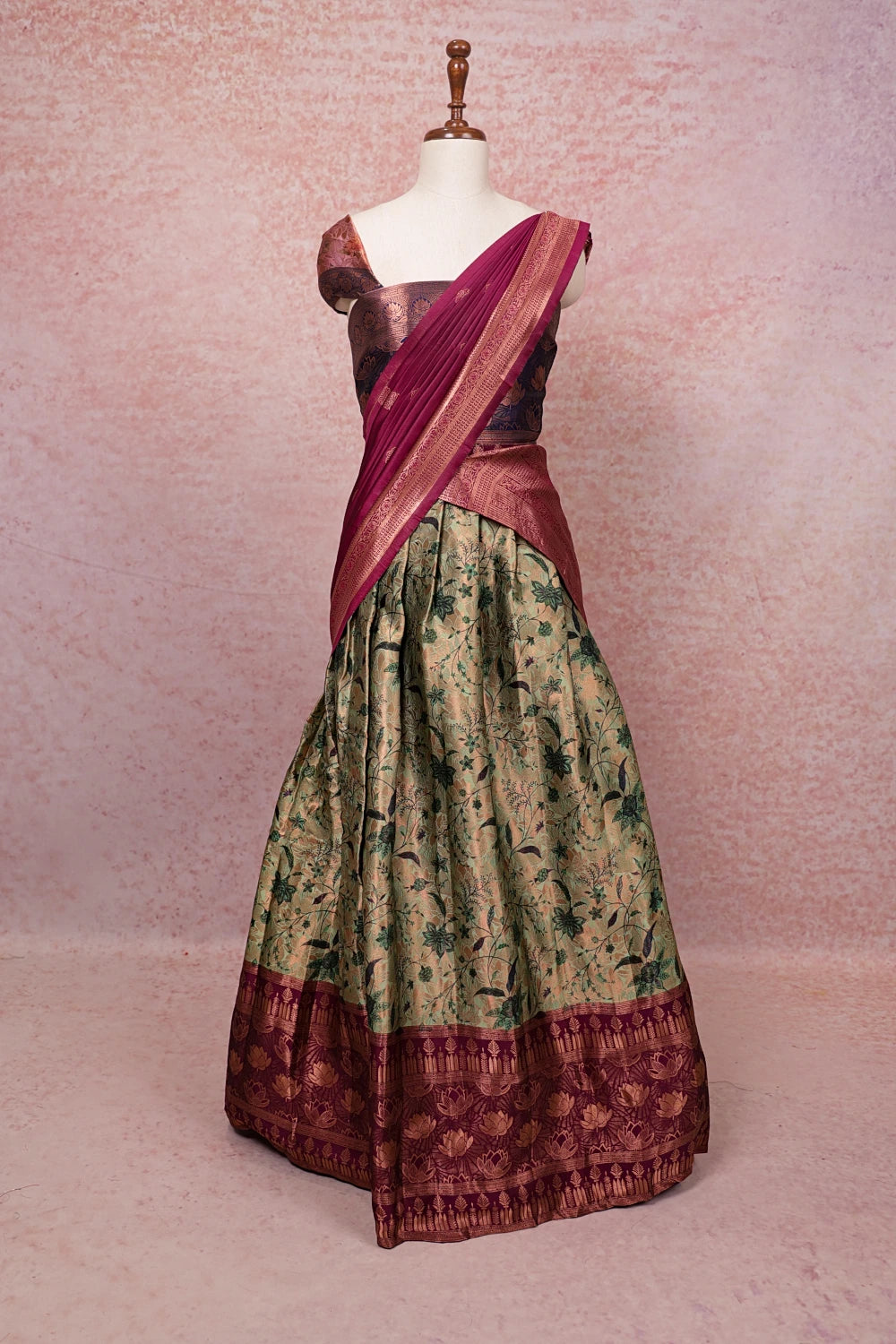 Light Green With Blue Semi Chanderi Dhavani Set