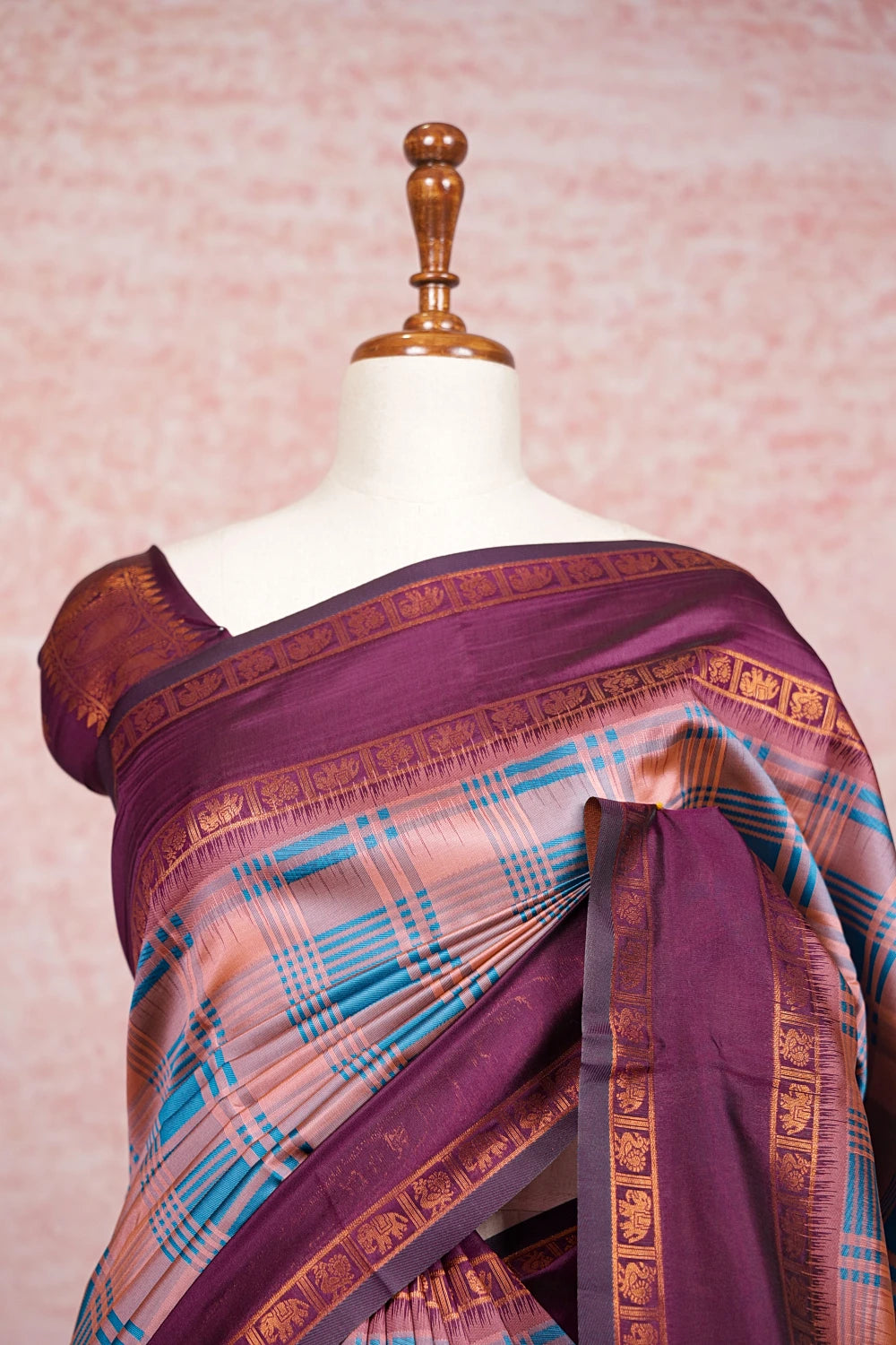 Blush Pink And Teal Blue Semi Silk Saree