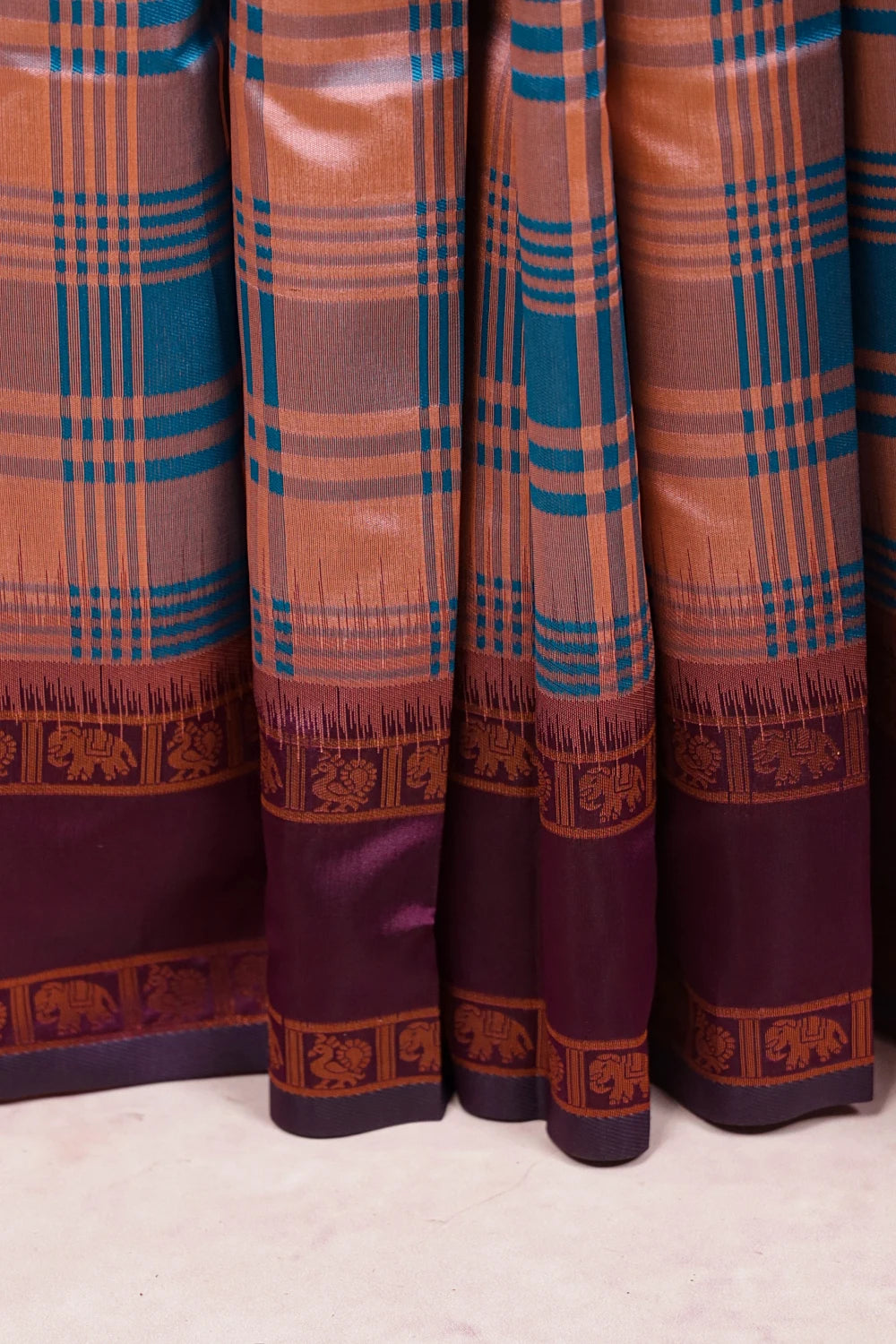 Blush Pink And Teal Blue Semi Silk Saree
