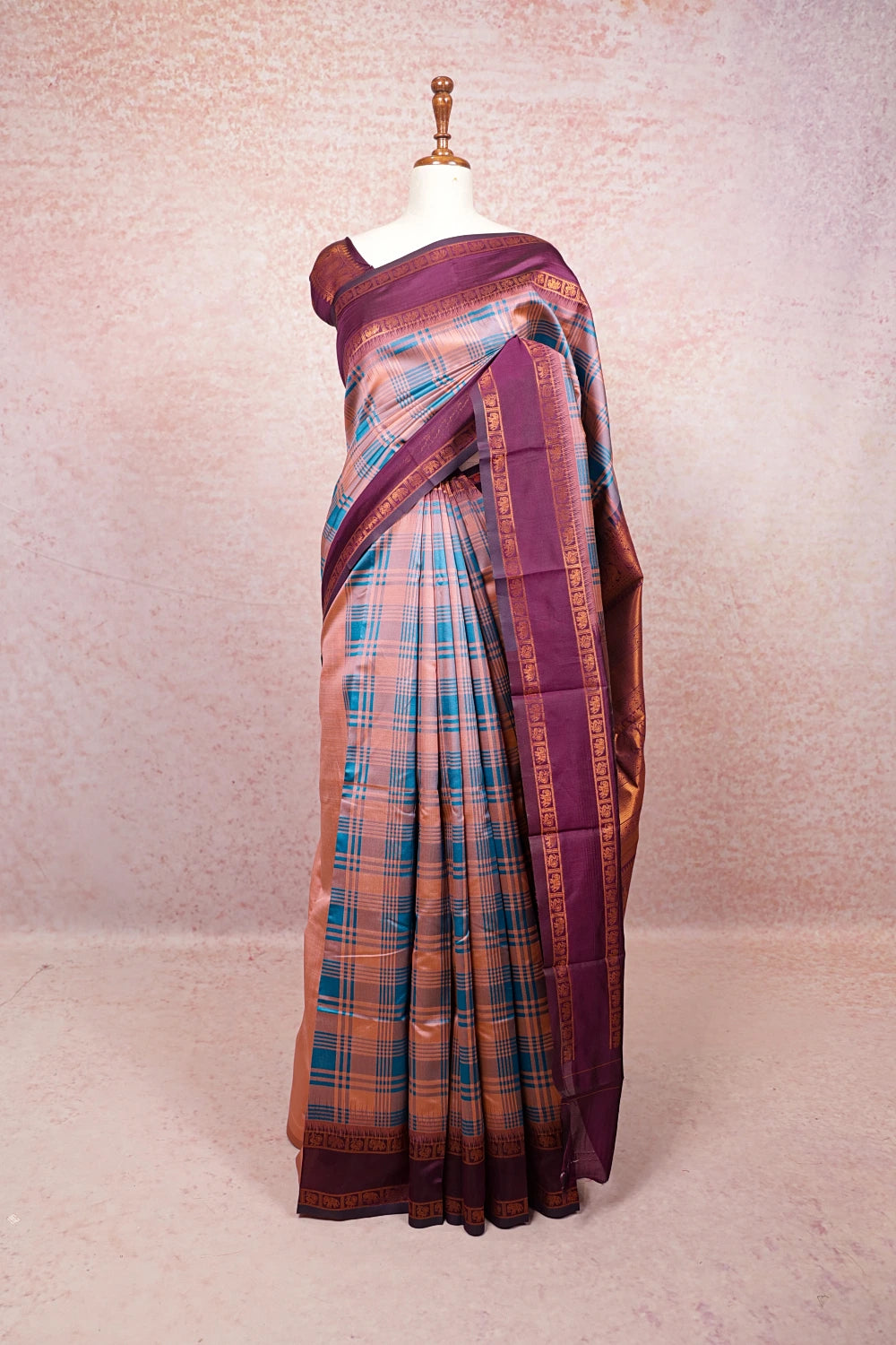 Blush Pink And Teal Blue Semi Silk Saree