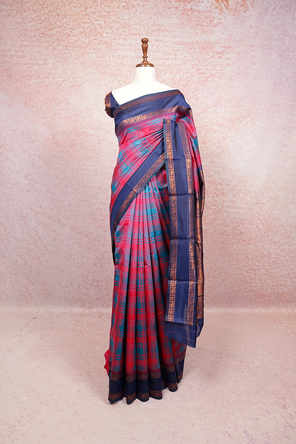 Magenta Pink And Teal Blue Semi Silk Saree