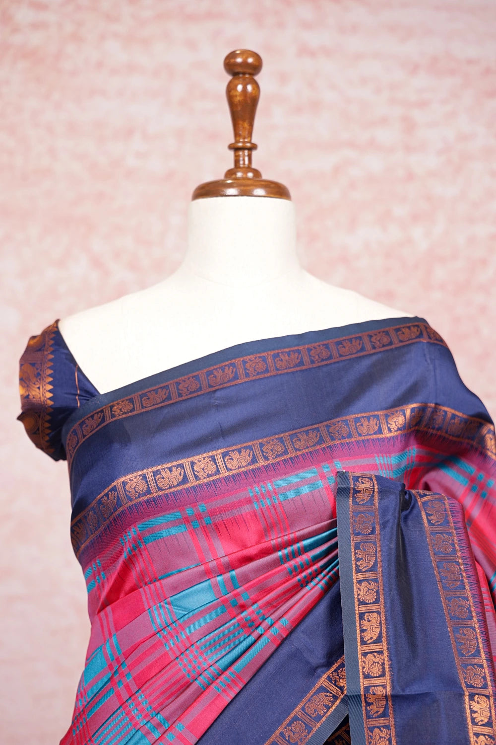Magenta Pink And Teal Blue Semi Silk Saree