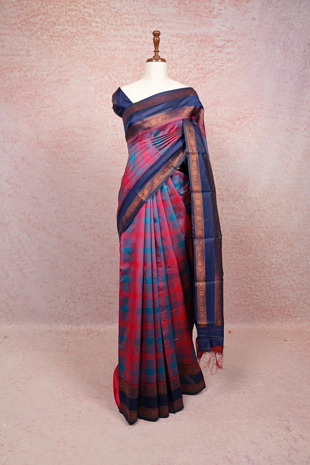Blush Red And Teal Green Semi Silk Saree