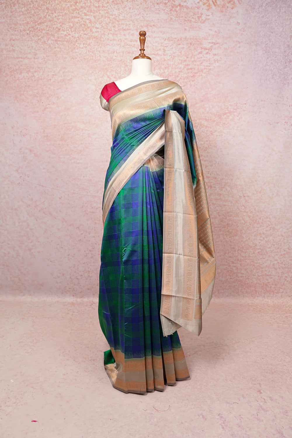 Blue With Green Semi Silk Saree