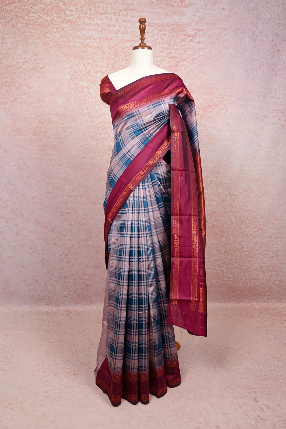 Teal Blue With Dusty Pink  Semi Silk Saree