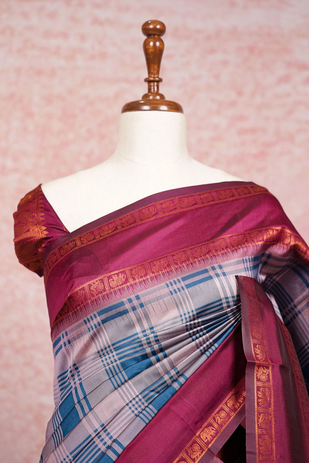 Teal Blue With Dusty Pink  Semi Silk Saree