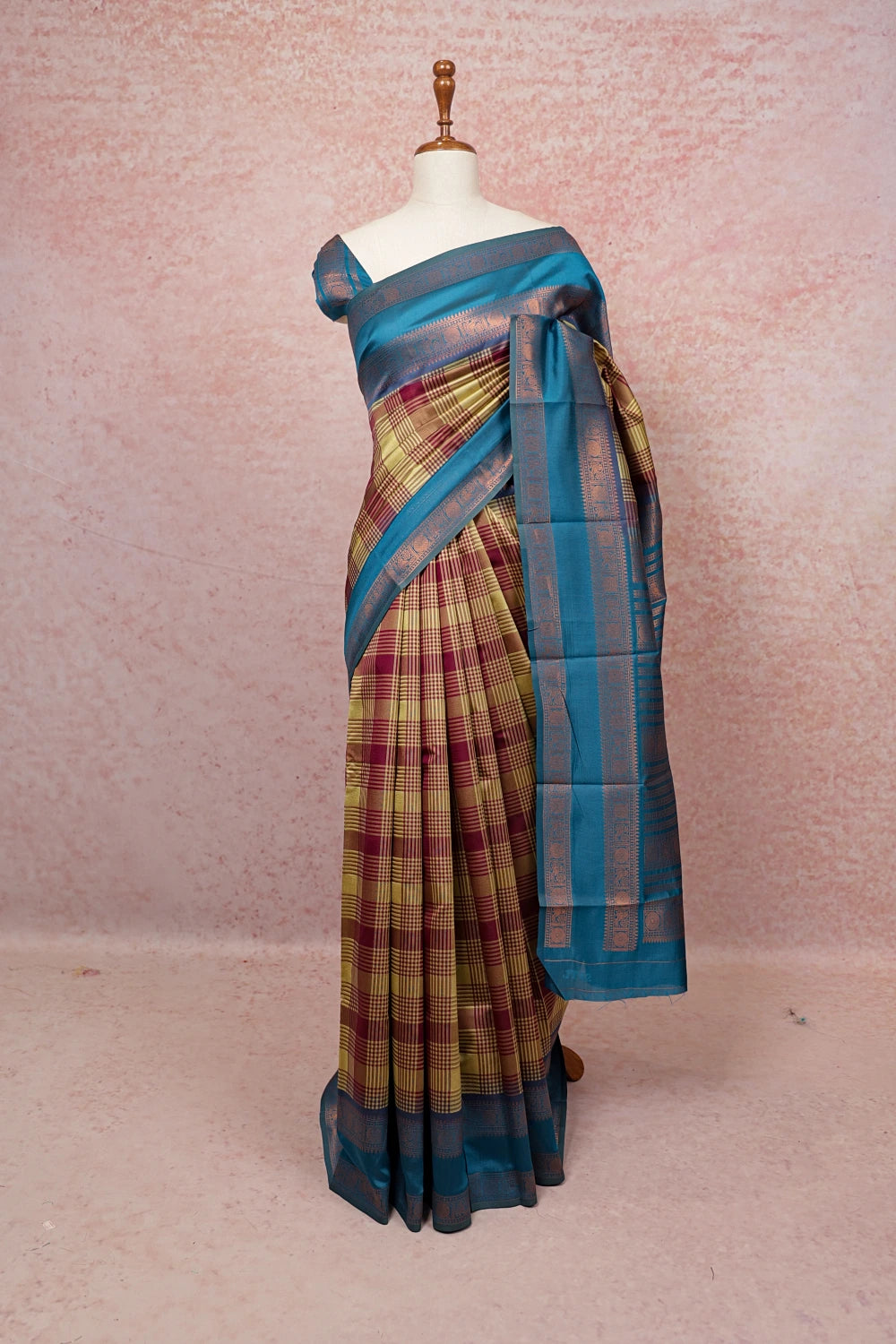 Mustard Yellow And Wine Semi Silk Saree