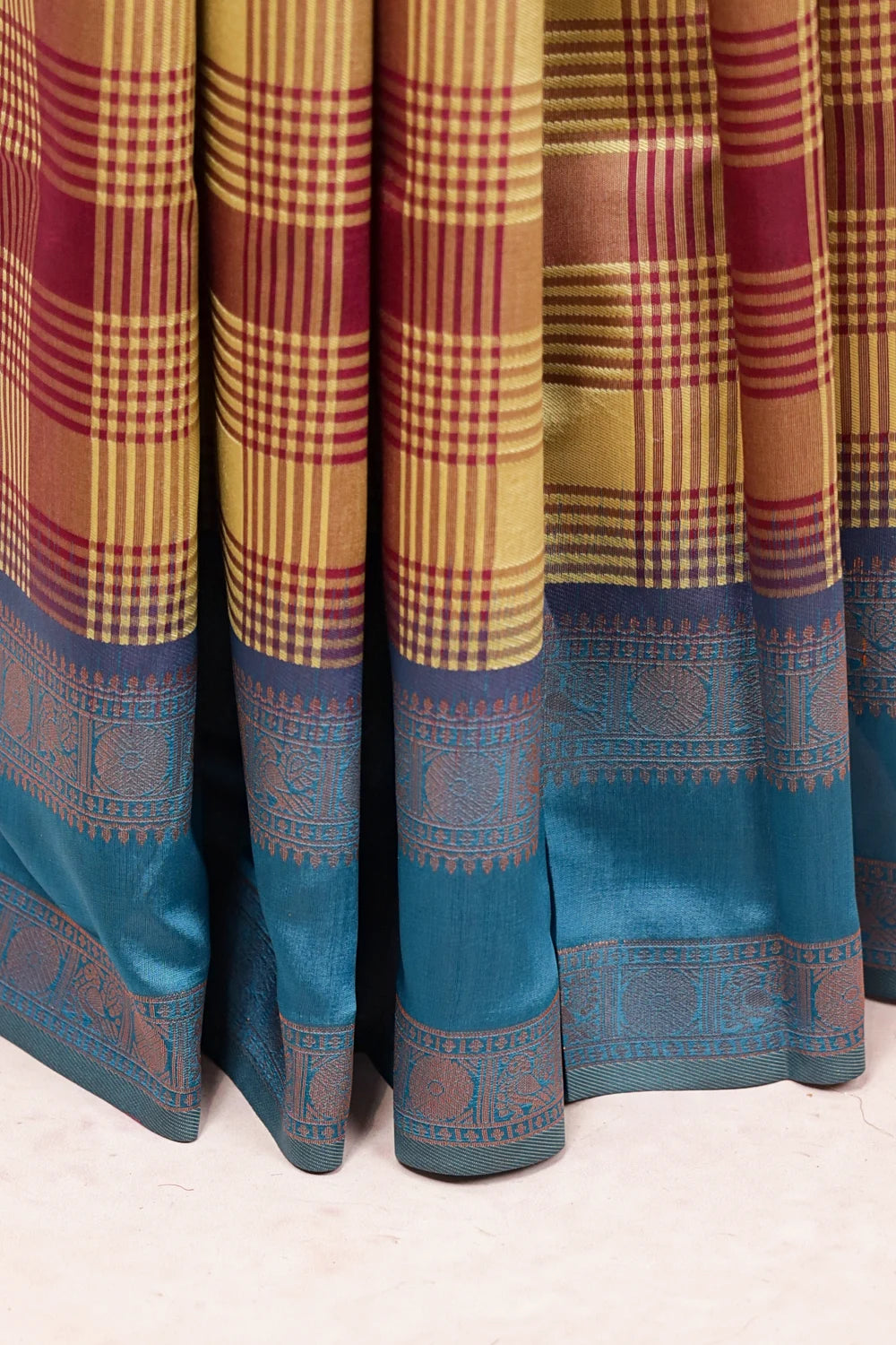 Mustard Yellow And Wine Semi Silk Saree