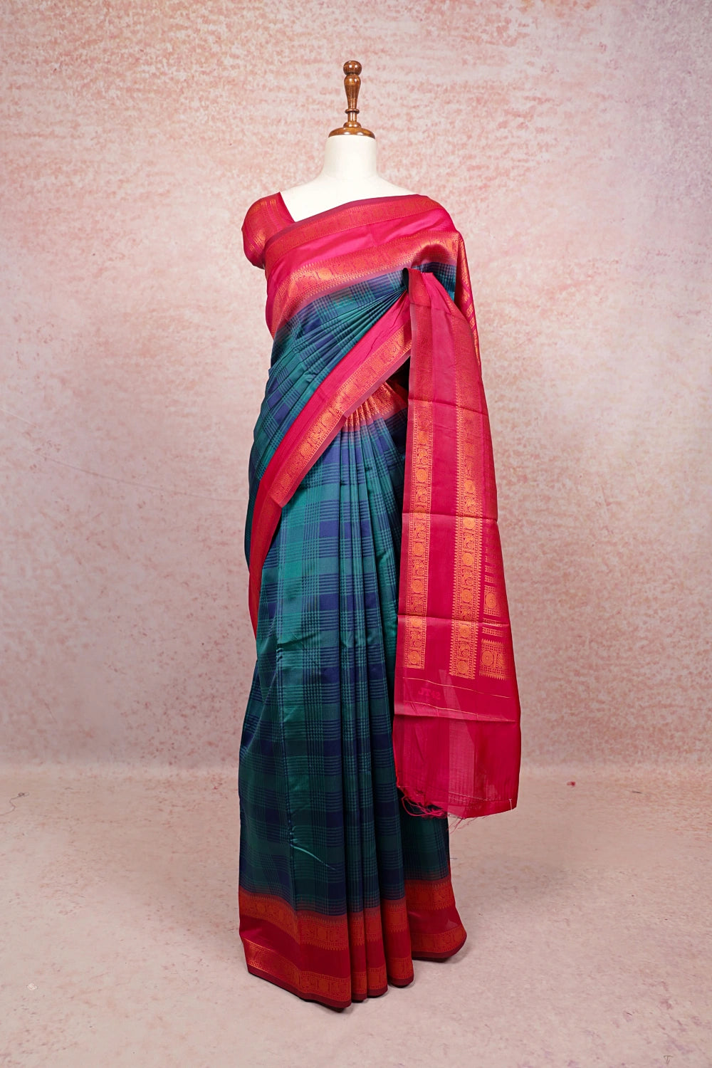 Teal Green And Navy Blue Semi Silk Saree