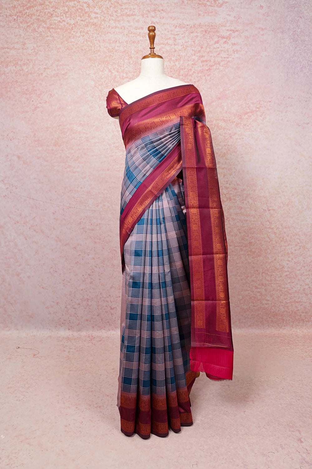 Teal Blue And Dusty Pink Semi Silk Saree