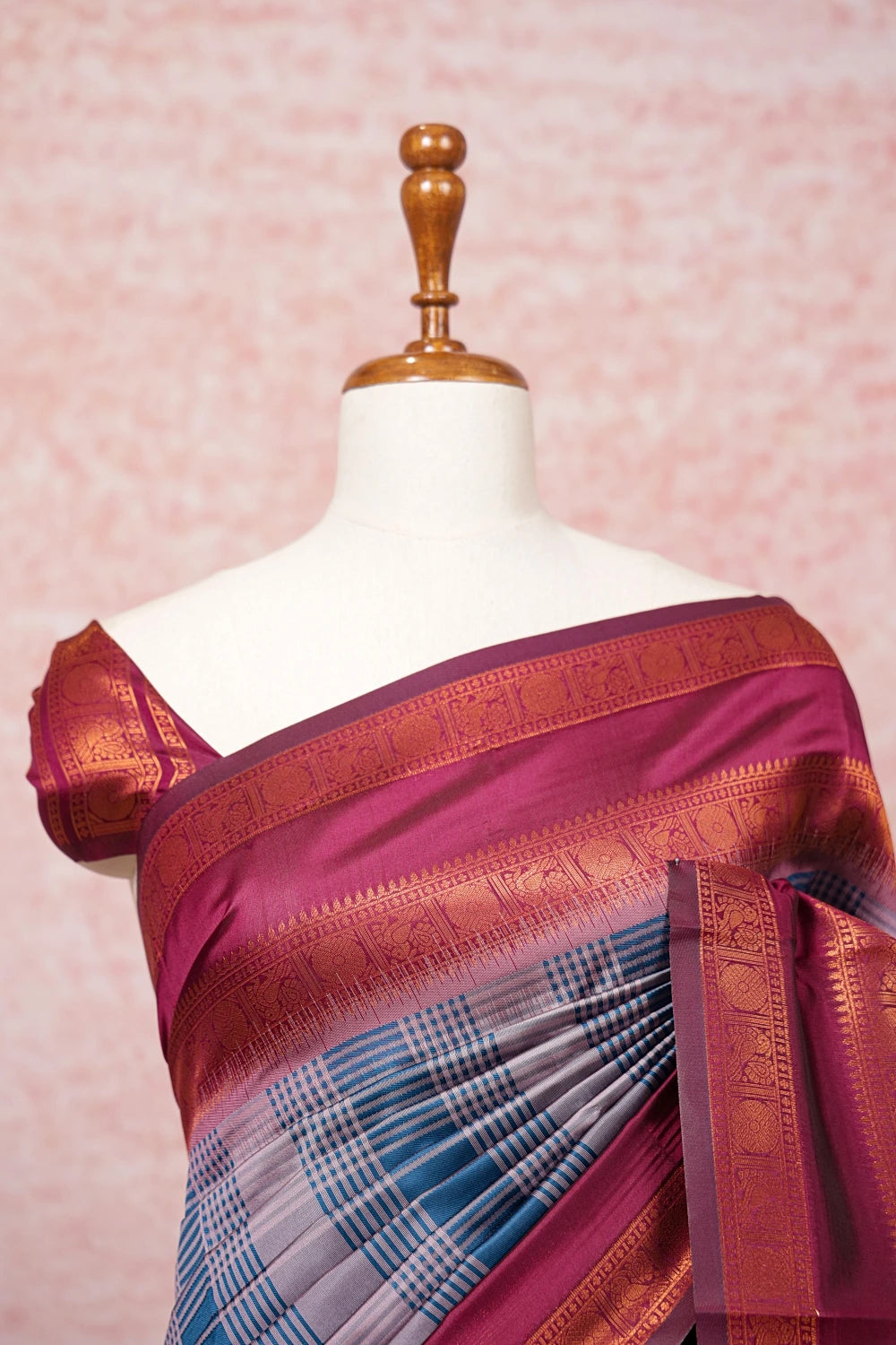 Teal Blue And Dusty Pink Semi Silk Saree