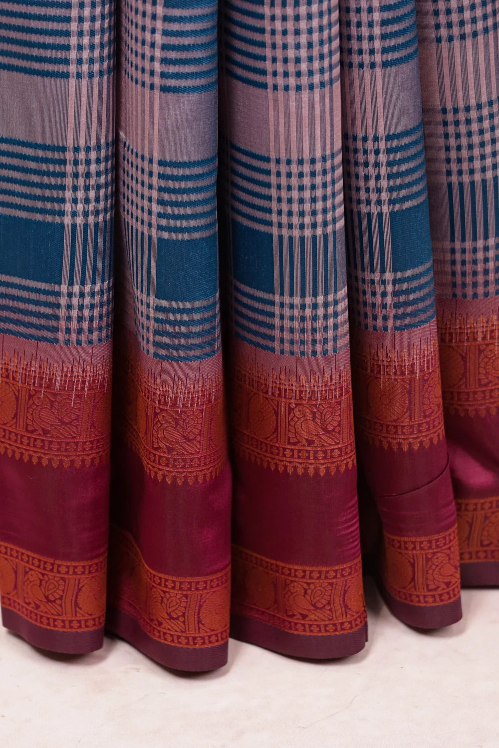 Teal Blue And Dusty Pink Semi Silk Saree