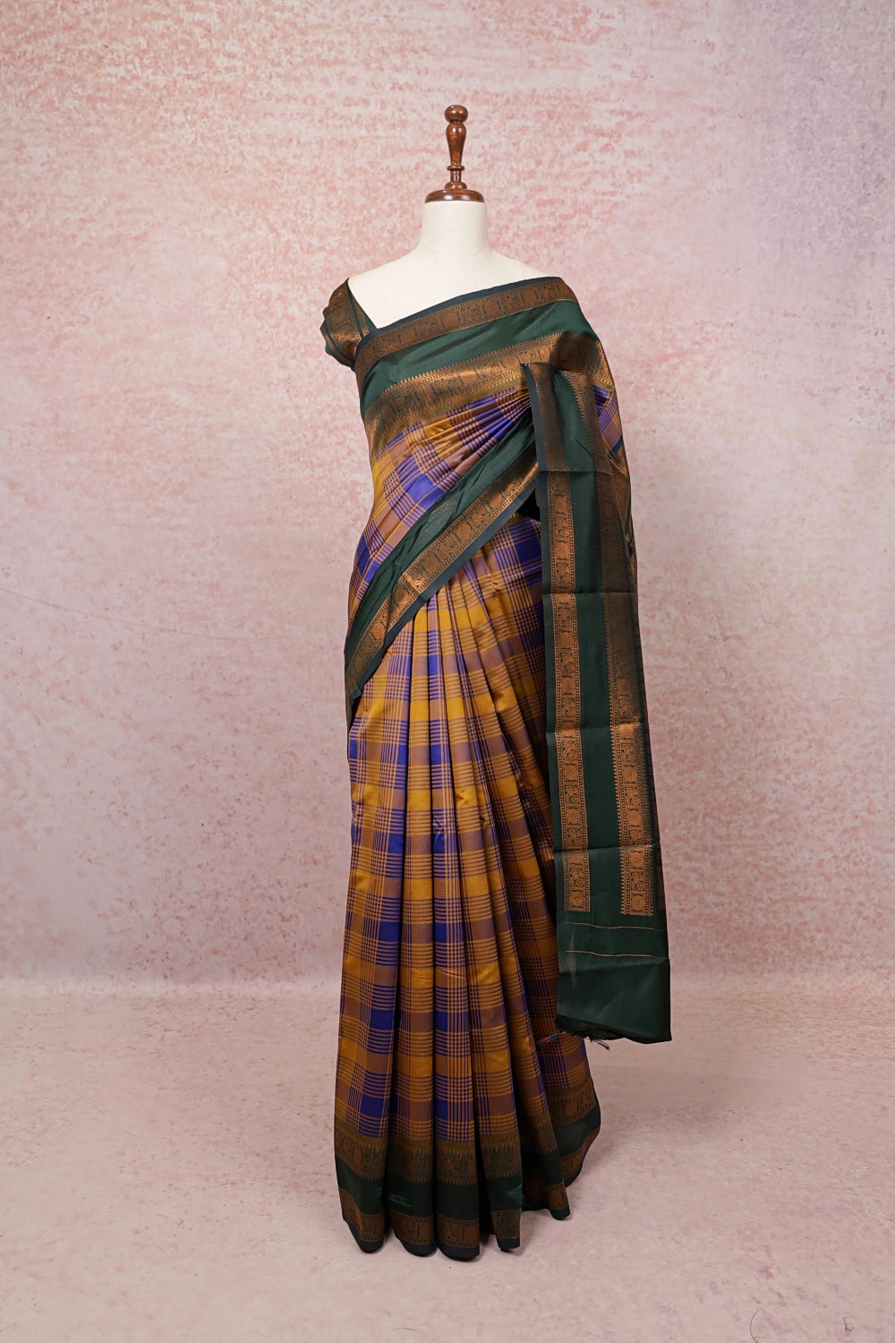 Mustard Yellow And Blue Semi Silk Saree