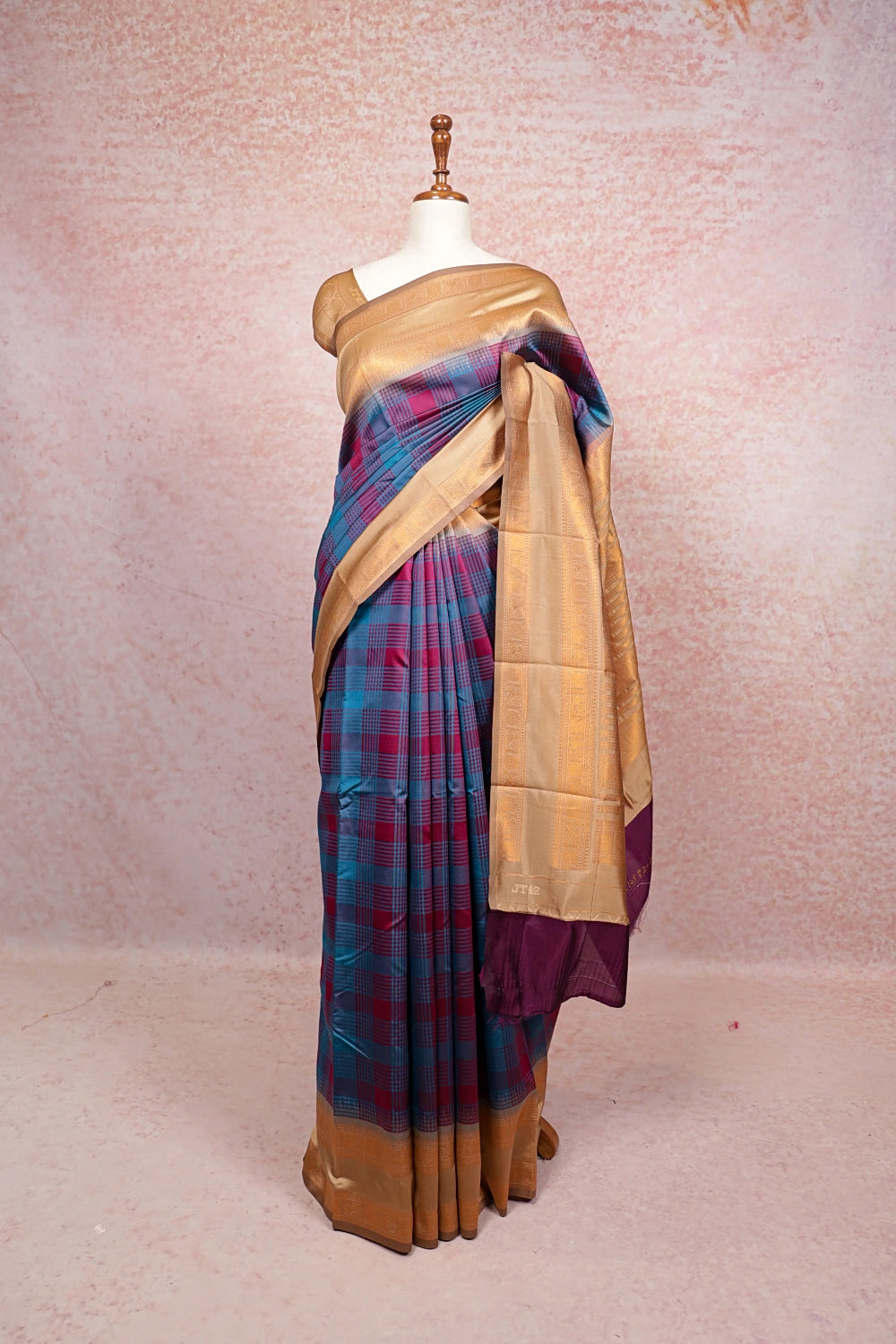 Teal Blue And Wine Semi Silk Saree