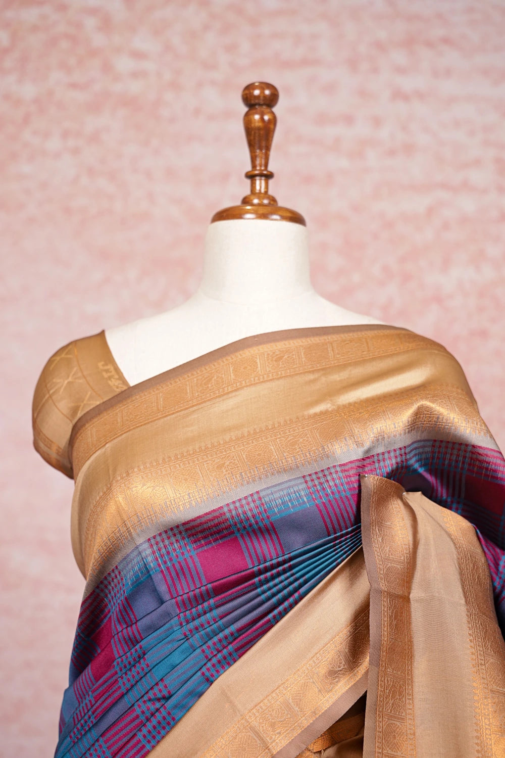 Teal Blue And Wine Semi Silk Saree