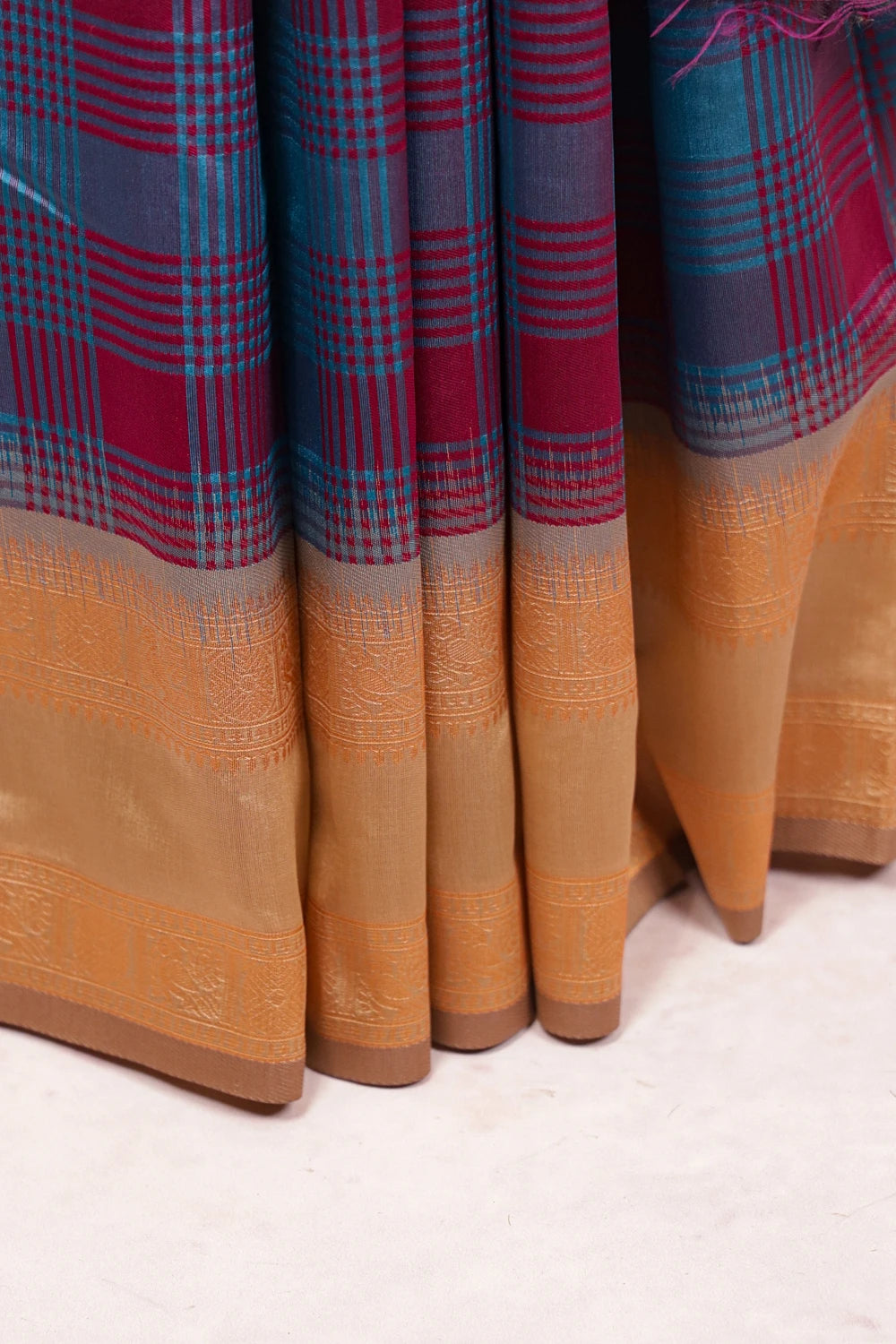 Teal Blue And Wine Semi Silk Saree