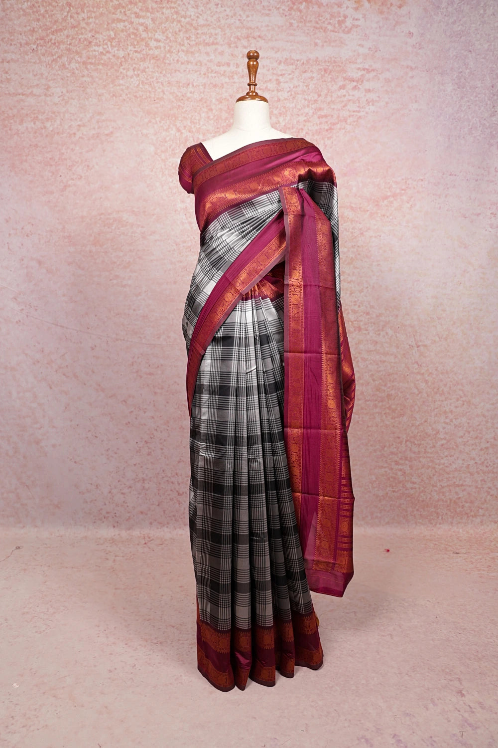 Ash And Black Semi Silk Saree