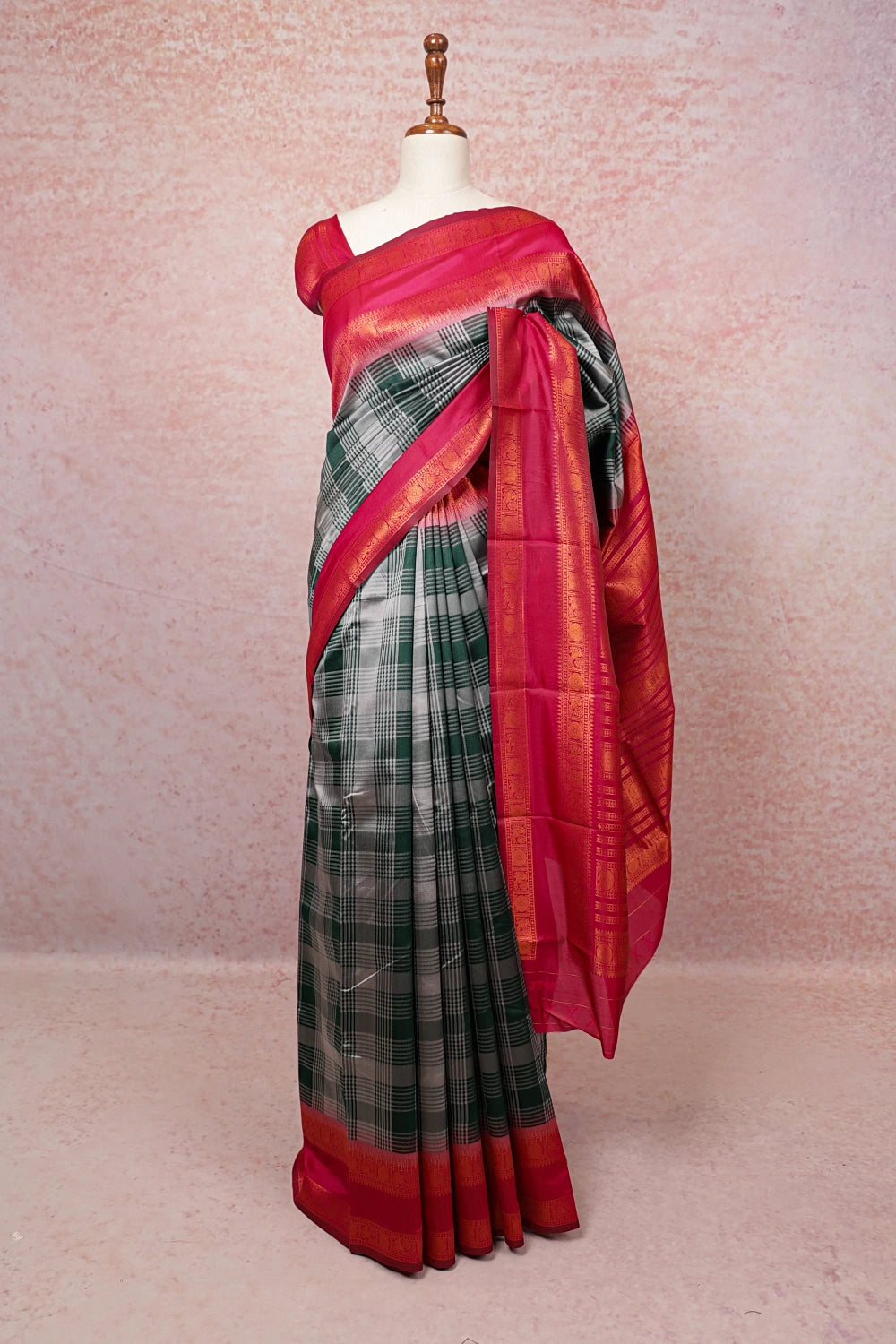 Grey And Green Semi Silk Saree