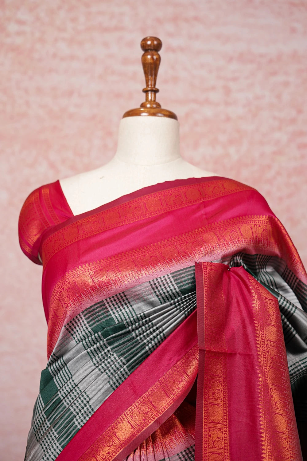 Grey And Green Semi Silk Saree