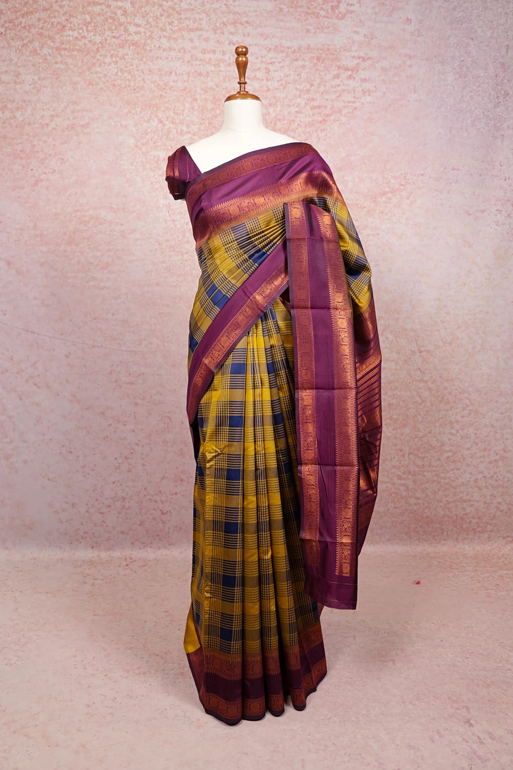 Yellow And Blue Semi Silk Saree