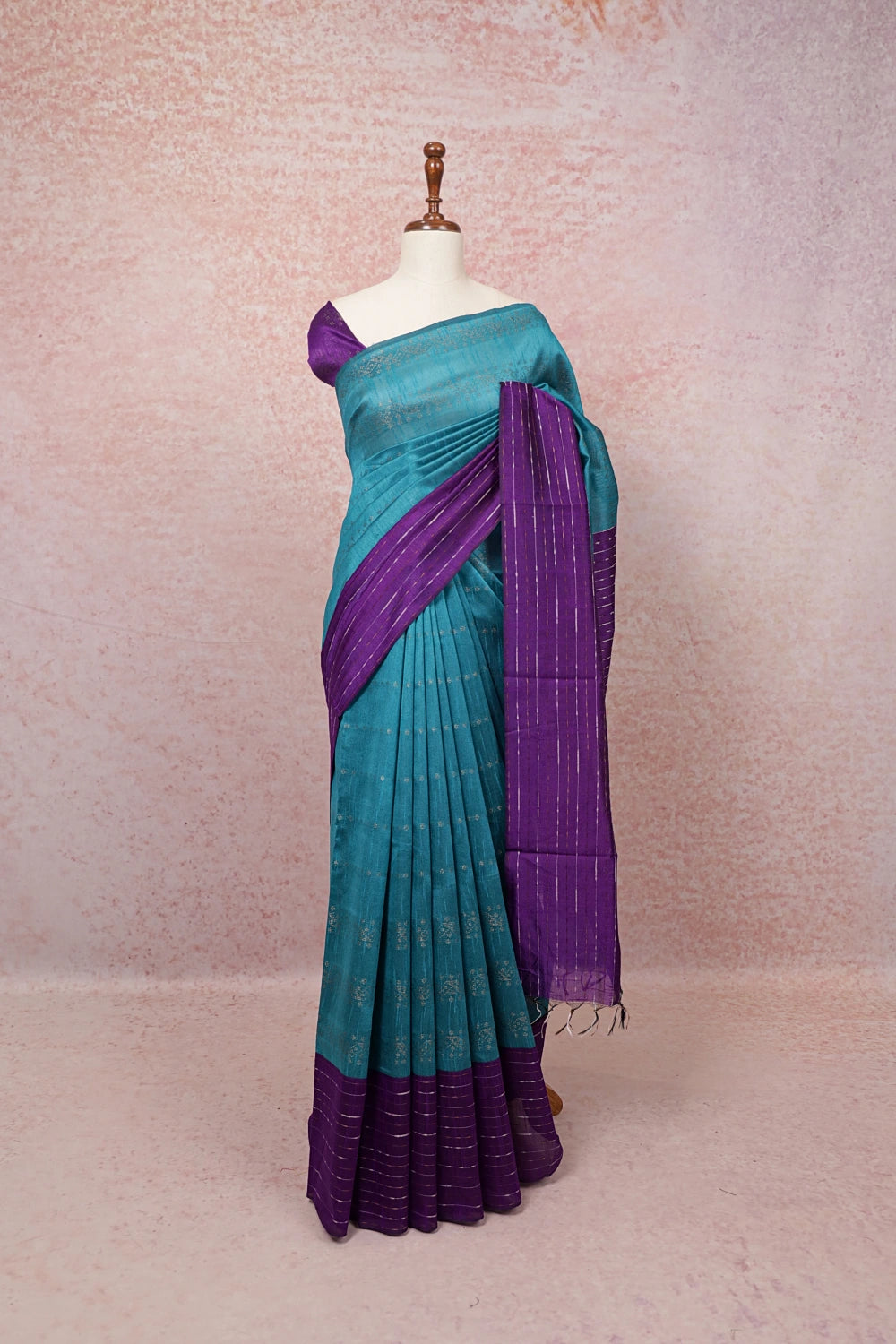 Bluish Green Semi Jute Saree