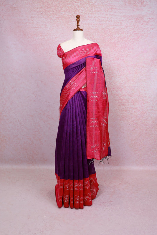 Purple Semi Jute Saree - Seematti