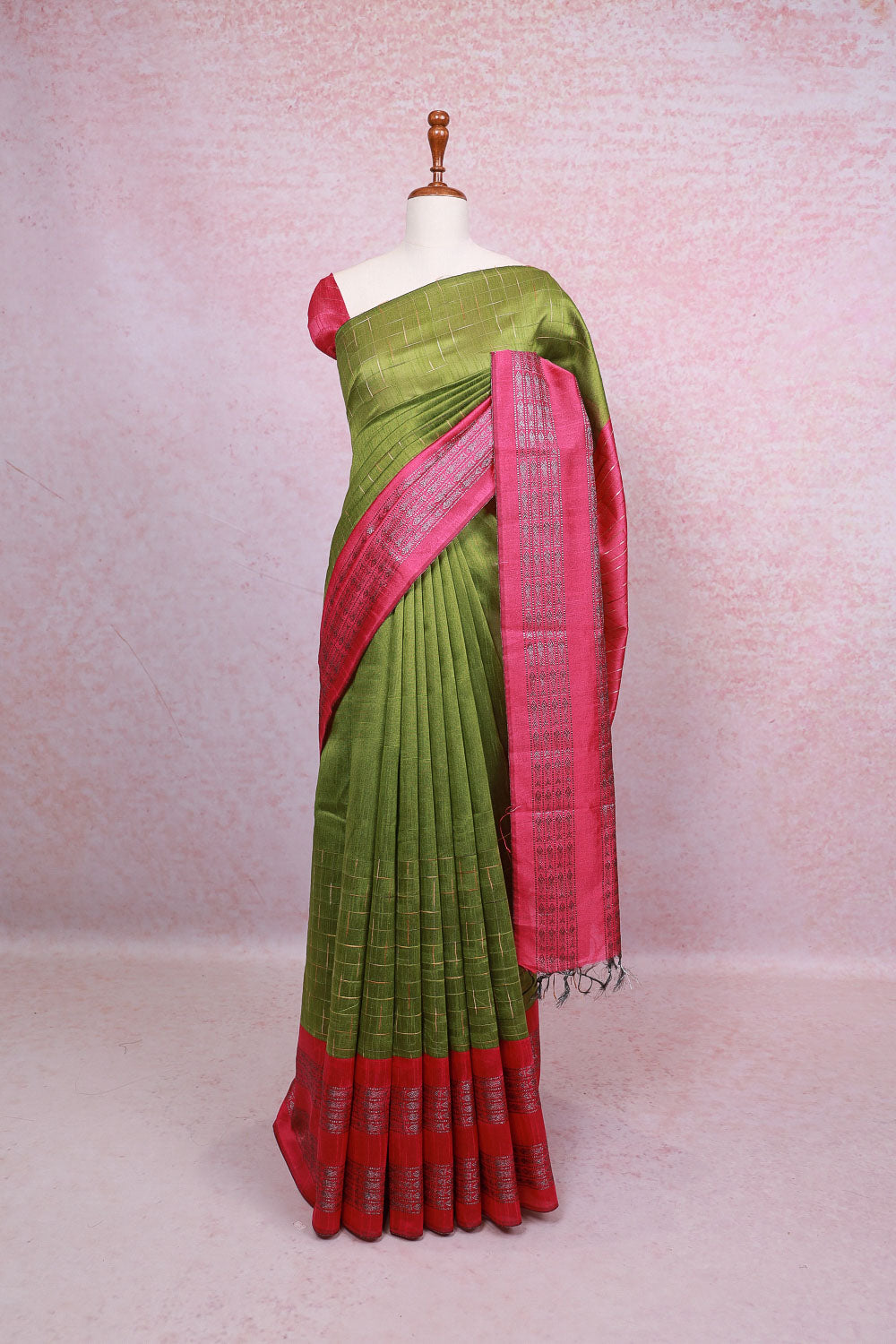 Green semi jute check saree with designer border - Seematti