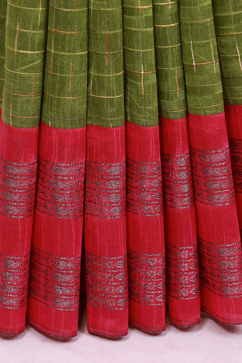 Green semi jute check saree with designer border - Seematti
