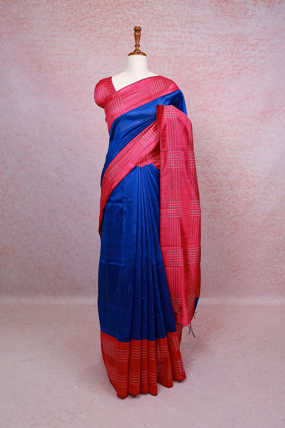 Royal Blue semi jute plain body saree with line border - Seematti