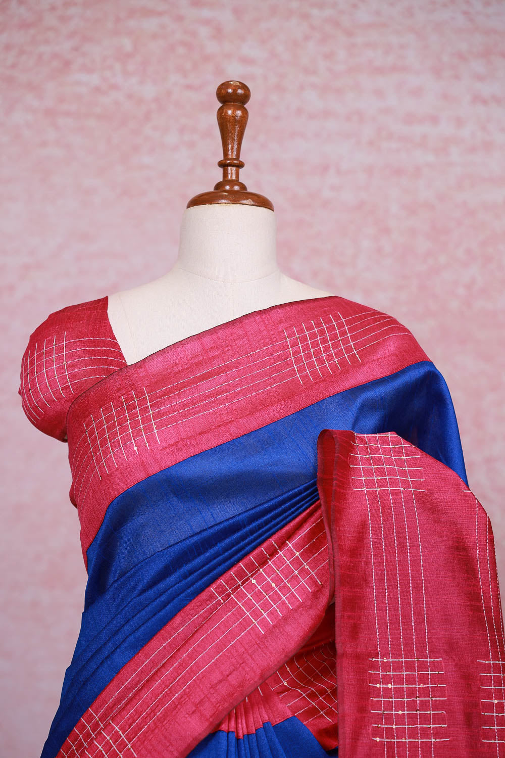 Royal Blue semi jute plain body saree with line border - Seematti