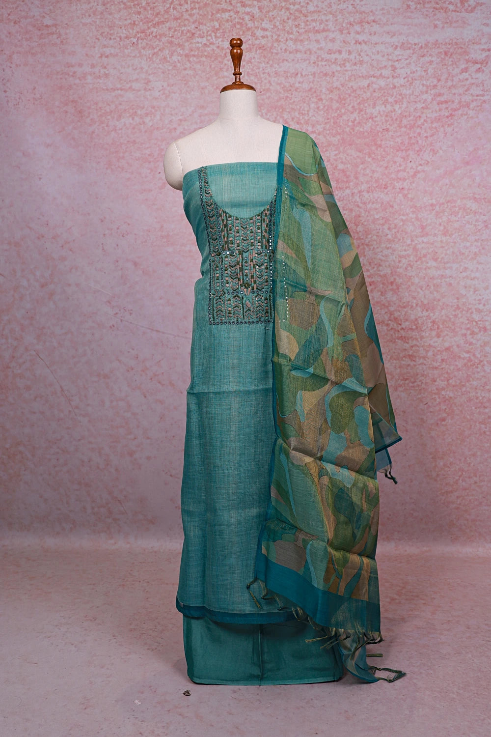 Sea Green Tissue Silk Thread Work Unstitched Churidhar Material - Seematti