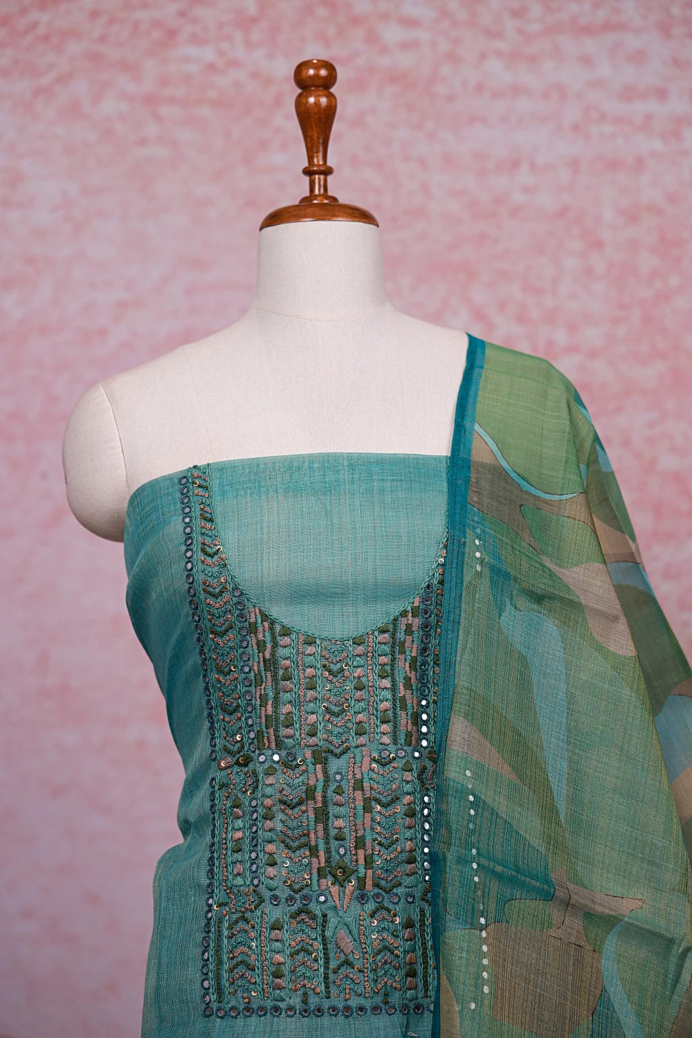 Sea Green Tissue Silk Thread Work Unstitched Churidhar Material - Seematti