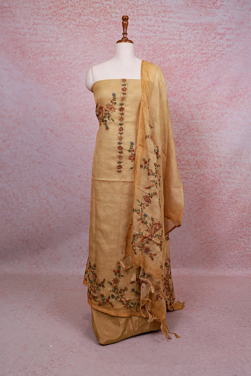 Golden Yellow Linen Thread Work Unstitched Churidhar Material - Seematti