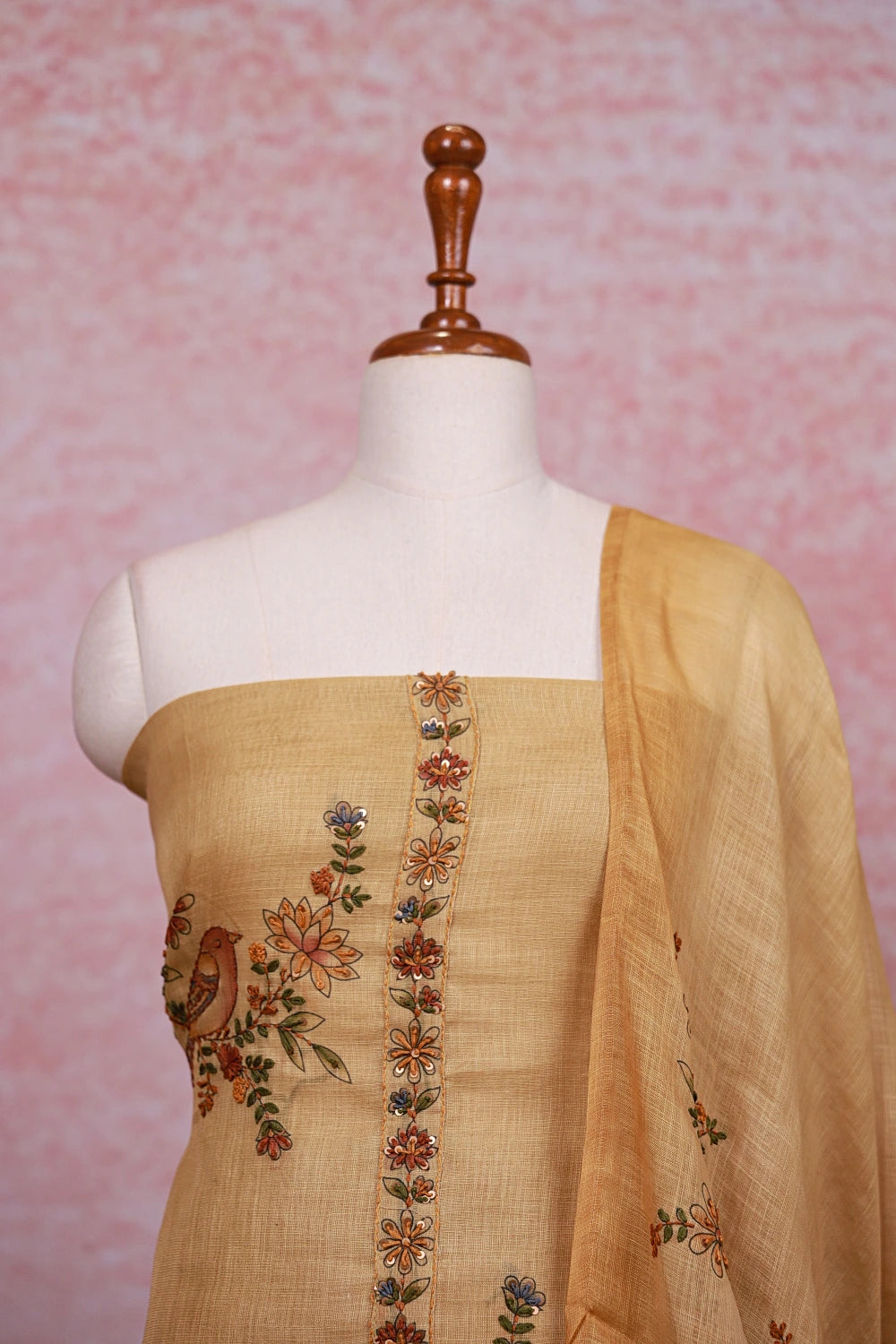 Golden Yellow Linen Thread Work Unstitched Churidhar Material - Seematti