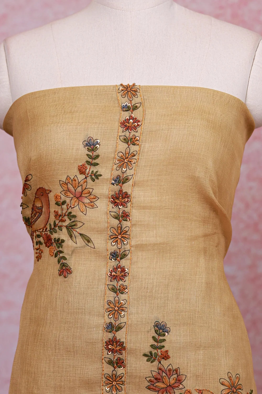 Golden Yellow Linen Thread Work Unstitched Churidhar Material - Seematti