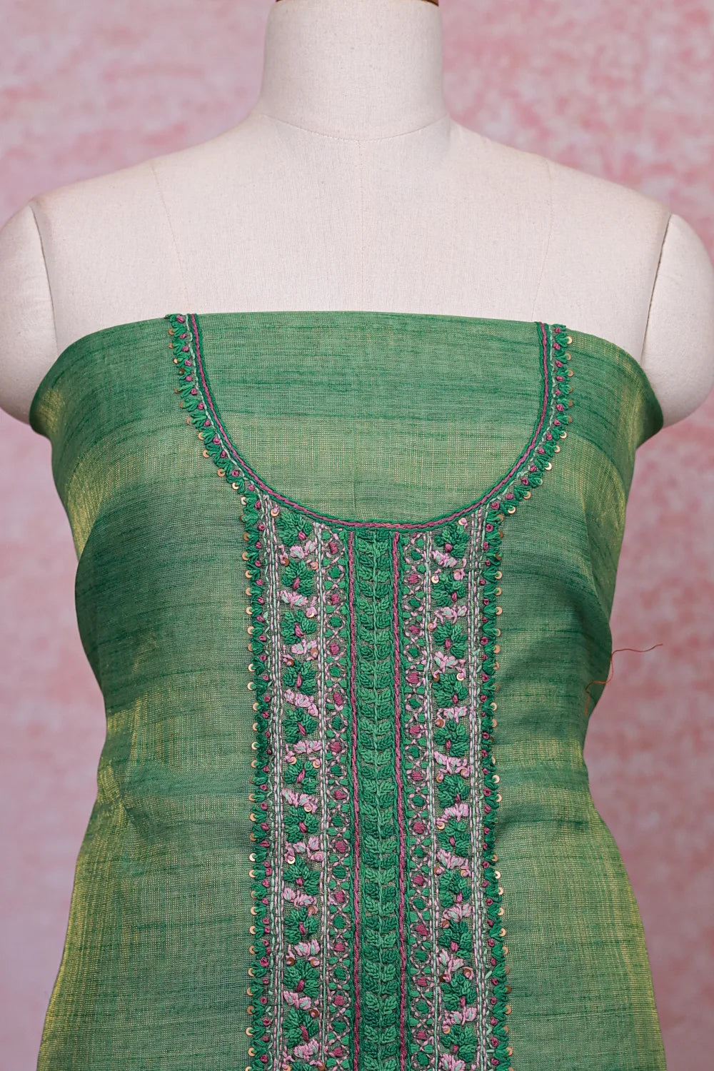 Green Tissue Silk Embroidery Unstitched Churidhar Material - Seematti