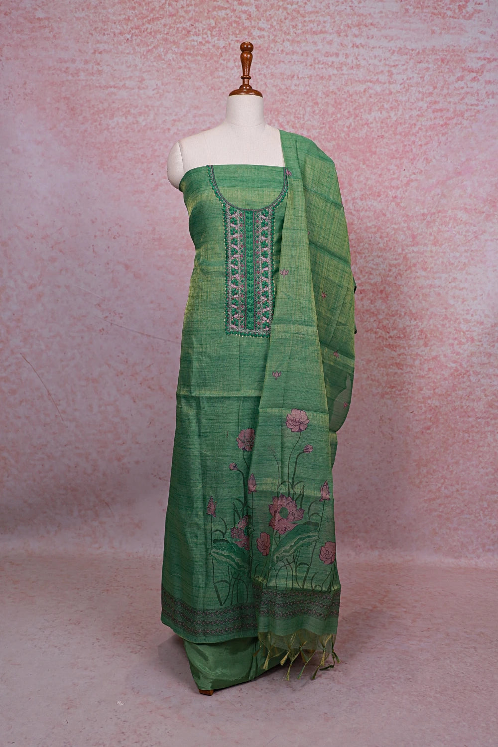 Green Tissue Silk Embroidery Unstitched Churidhar Material - Seematti