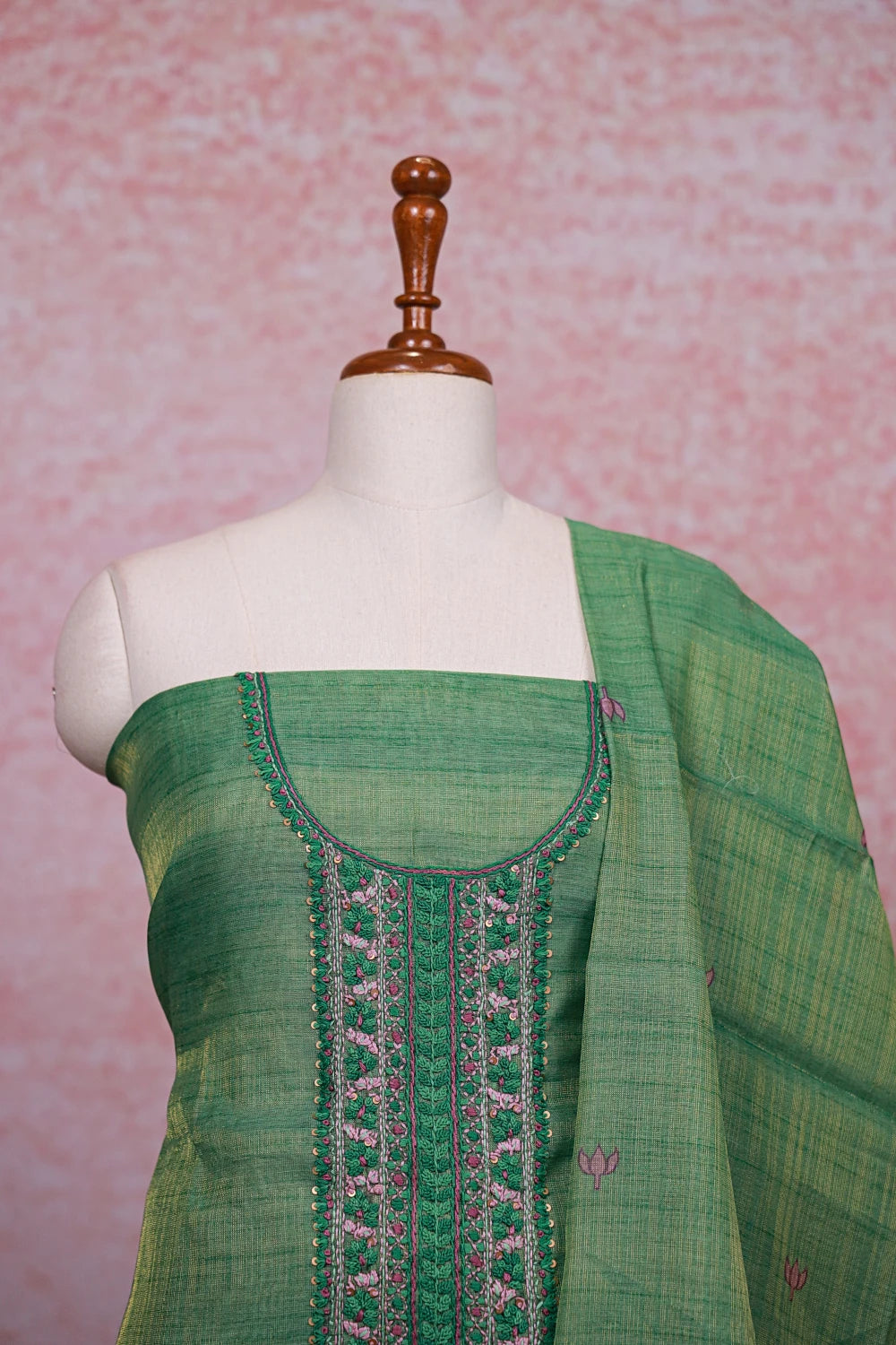 Green Tissue Silk Embroidery Unstitched Churidhar Material - Seematti
