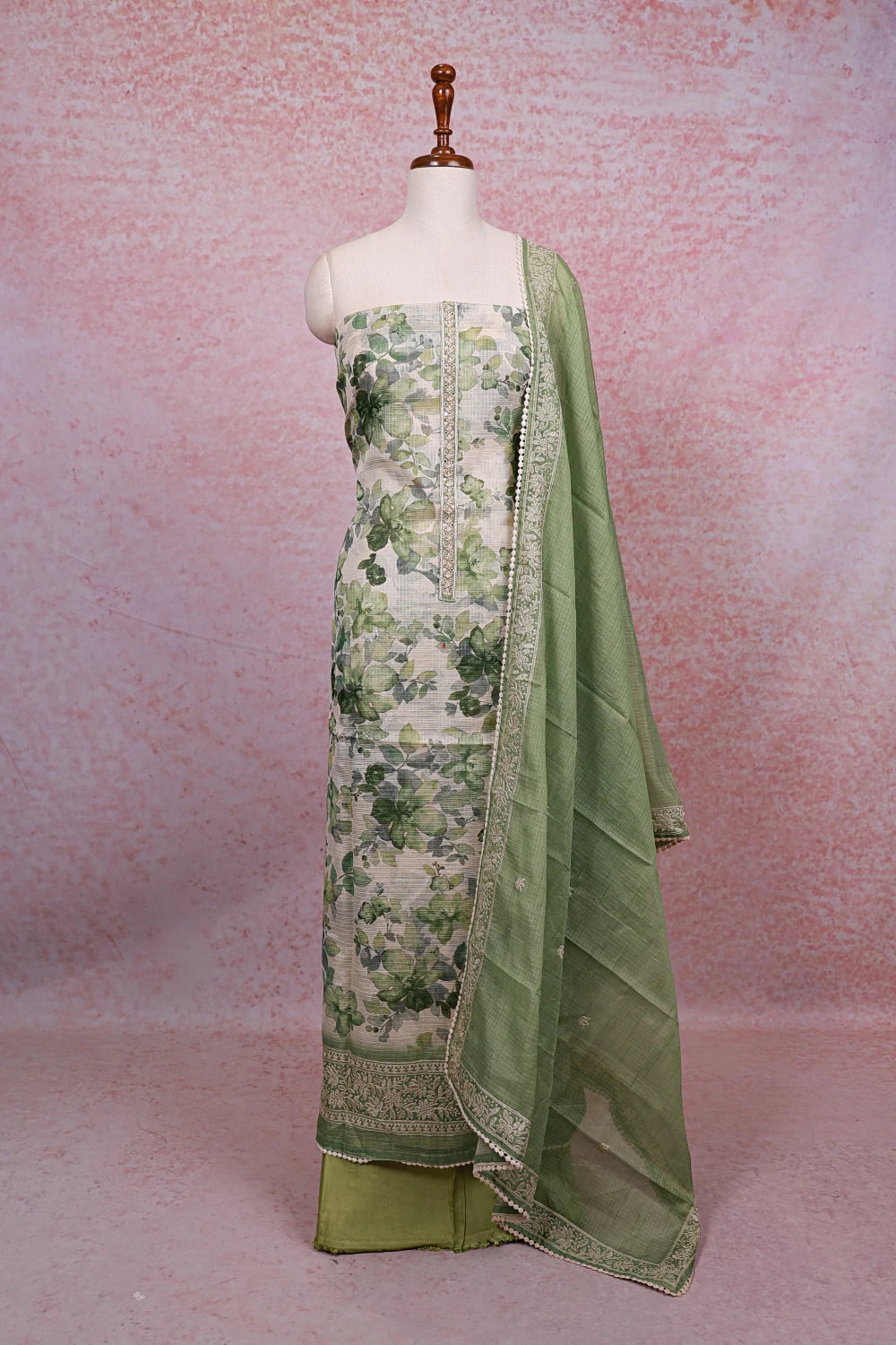 Cream Kota printed unstitched churidhar material with dupatta - Seematti