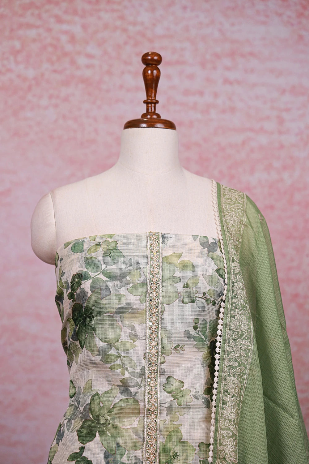 Cream Kota printed unstitched churidhar material with dupatta - Seematti