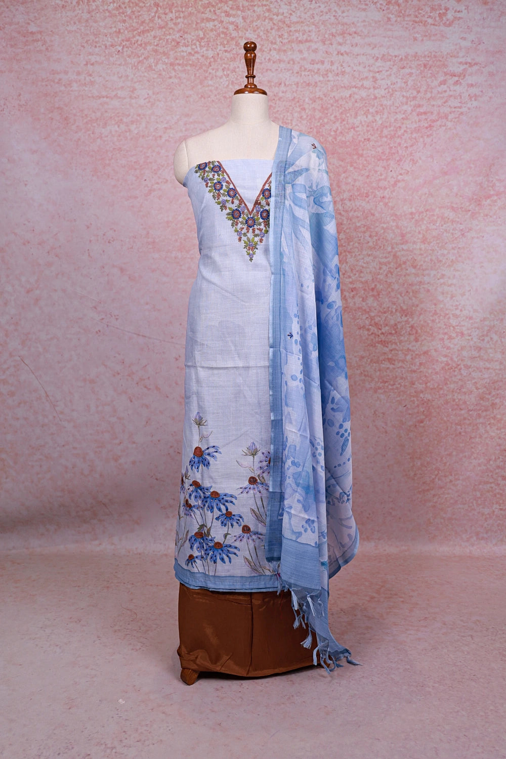 Powder Blue linen thread work unstitched churidhar material with dupatta - Seematti