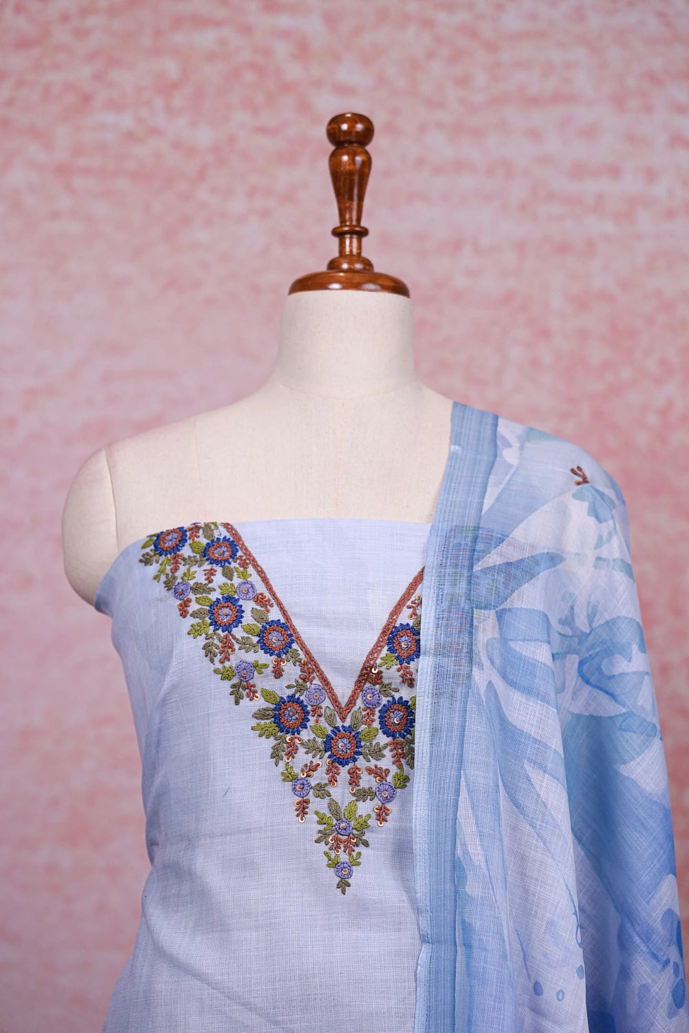 Powder Blue linen thread work unstitched churidhar material with dupatta - Seematti