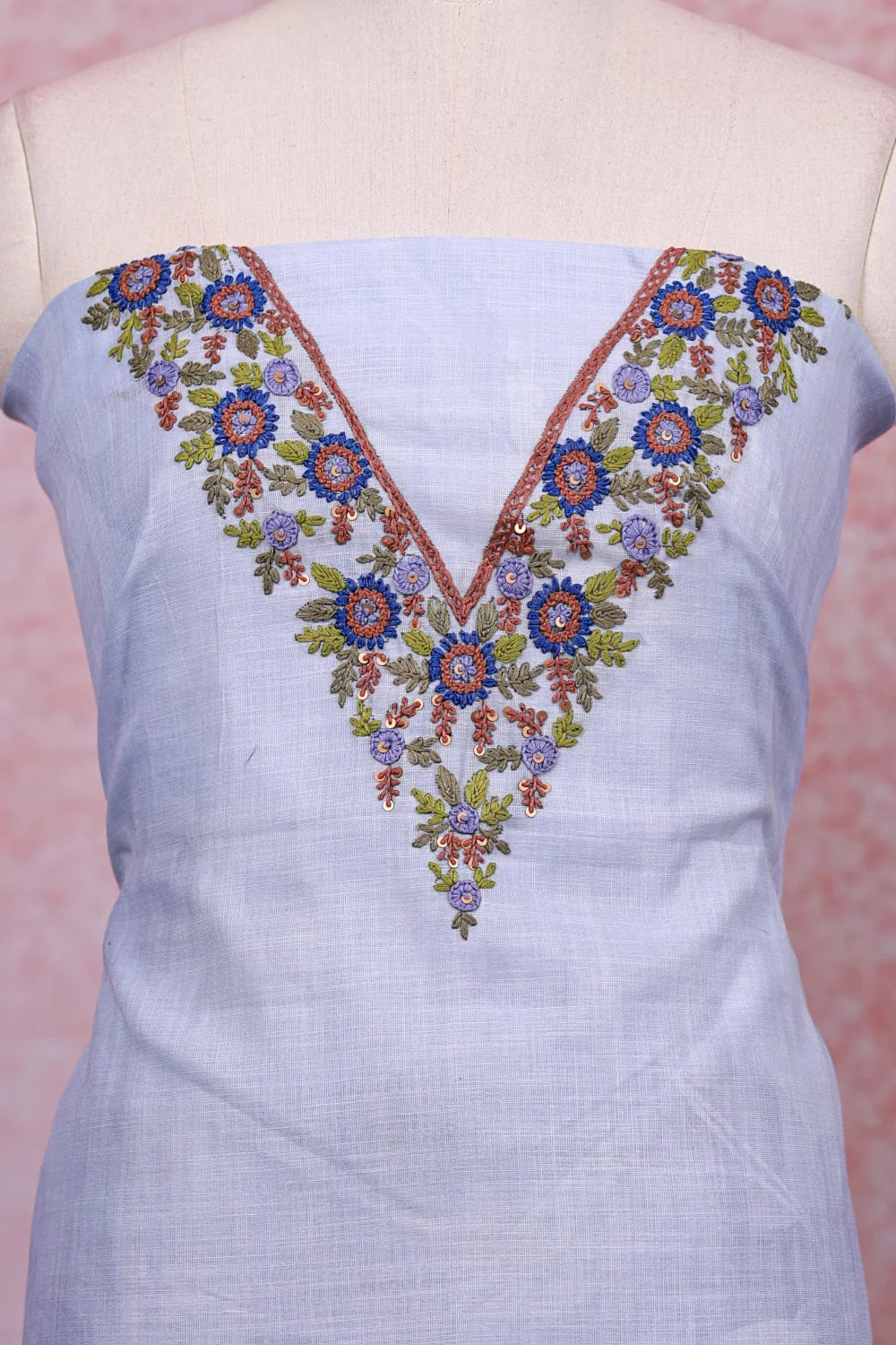 Powder Blue linen thread work unstitched churidhar material with dupatta - Seematti