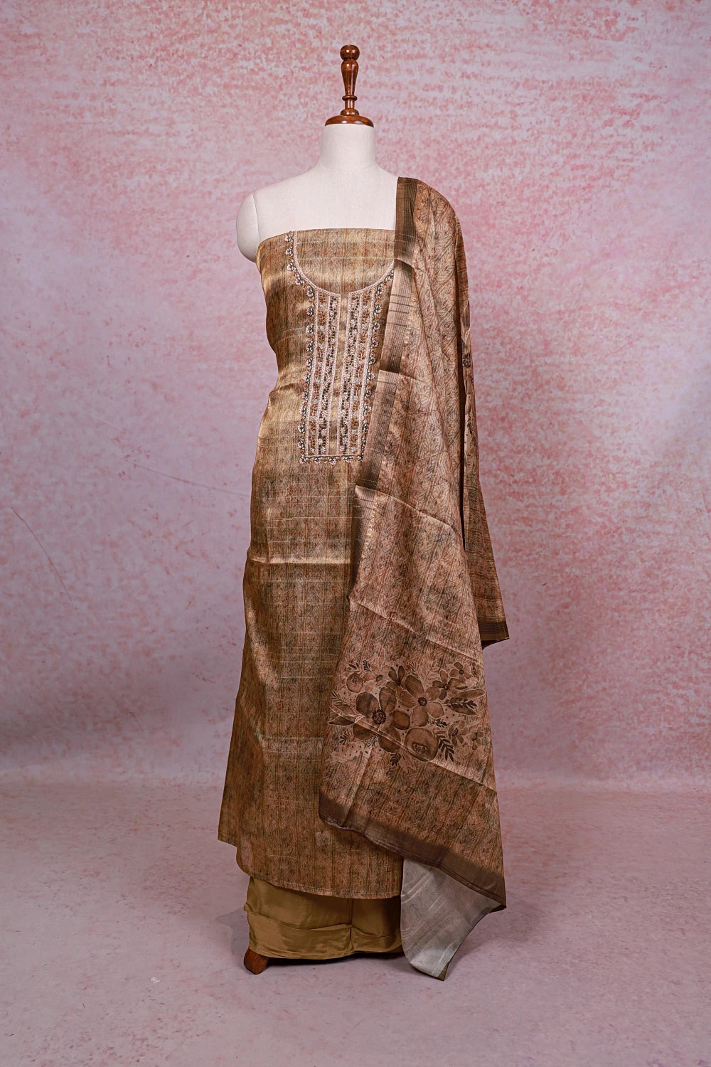 Golden Tissue Silk Beads Work Unstitched Churidhar Material